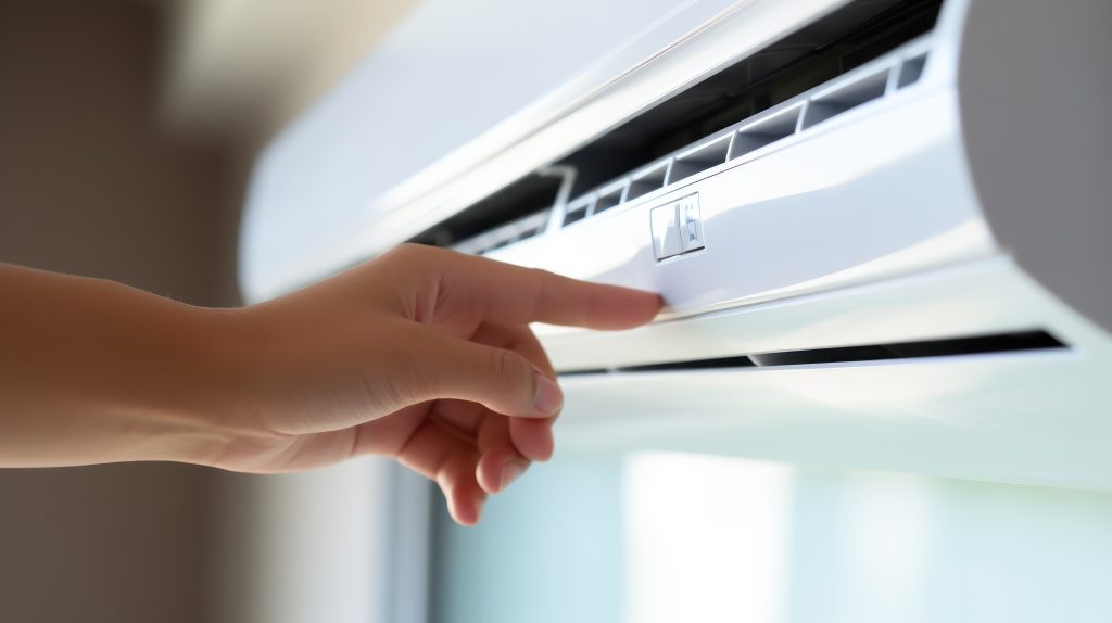 Hand adjusting air conditioner airflow vent on wall-mounted indoor unit