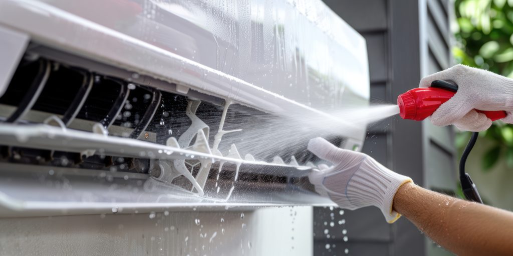 Aircon chemical wash cleaning with high-pressure spray on indoor unit coil